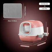 Large Cat Litter Box Set with Free Litter Mat & Scoop, Enclosed Front Entry Anti-Splashing Anti-Tracking Cat V1214-EW-PINK-MAT
