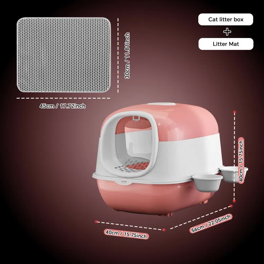 Large Cat Litter Box Set with Free Litter Mat & Scoop, Enclosed Front Entry Anti-Splashing Anti-Tracking Cat V1214-EW-PINK-MAT