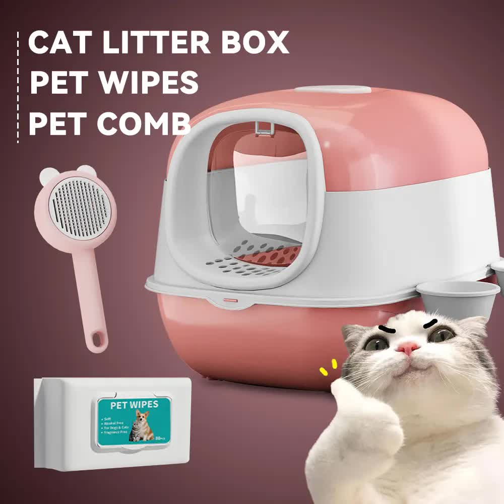 Huge 56cm Cat Litter Box Bundle with Free Pet Comb & 80 Wipes, Hooded Enclosed Potty with Drawer, V1214-EW-PINK-RA