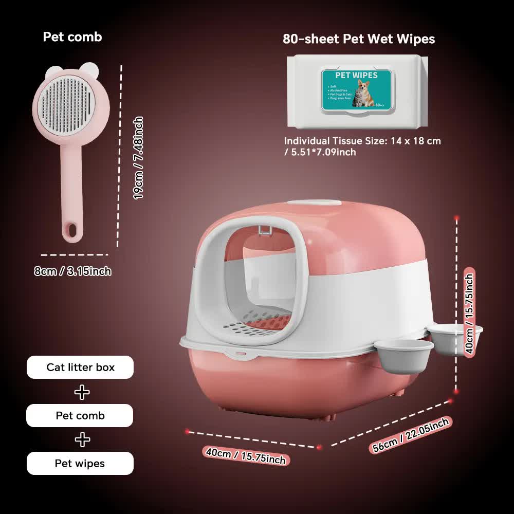 Huge 56cm Cat Litter Box Bundle with Free Pet Comb & 80 Wipes, Hooded Enclosed Potty with Drawer, V1214-EW-PINK-RA