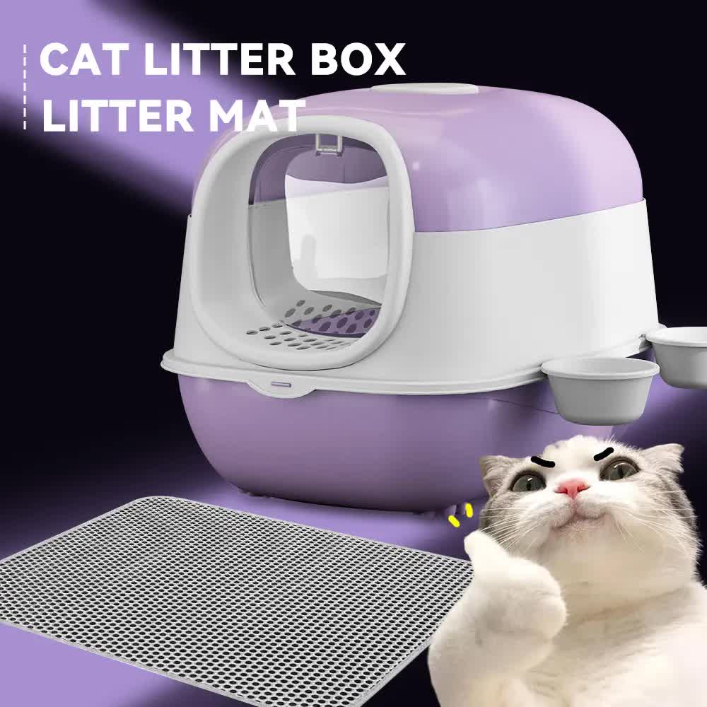 Large Cat Litter Box Set with Free Litter Mat & Scoop, Enclosed Front Entry Anti-Splashing Anti-Tracking Cat V1214-EW-PUR-MAT