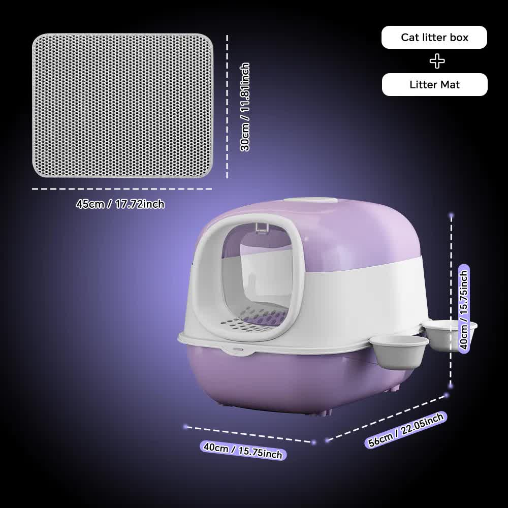 Large Cat Litter Box Set with Free Litter Mat & Scoop, Enclosed Front Entry Anti-Splashing Anti-Tracking Cat V1214-EW-PUR-MAT
