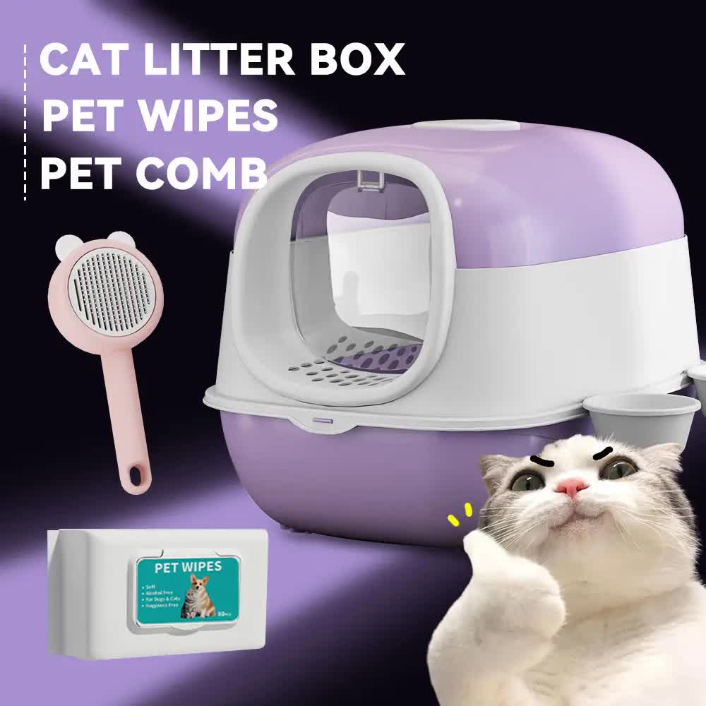 Huge 56cm Cat Litter Box Bundle with Free Pet Comb & 80 Wipes, Hooded Enclosed Potty with Drawer, V1214-EW-PUR-RA