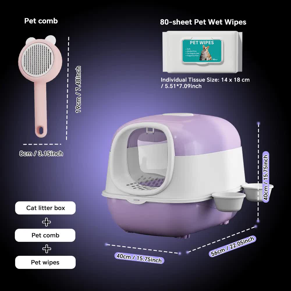 Huge 56cm Cat Litter Box Bundle with Free Pet Comb & 80 Wipes, Hooded Enclosed Potty with Drawer, V1214-EW-PUR-RA