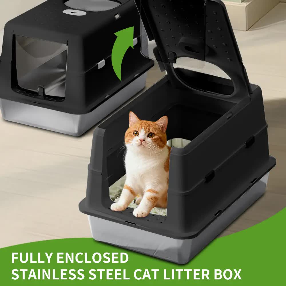 Extra Large Hooded Cat Litter Box, Top Entry Enclosed Potty with Deep Drawer, Anti-Splashing Cat Toilet Loo V1214-JUJIAN-BLACK