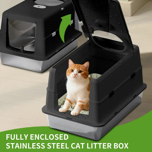 Extra Large Hooded Cat Litter Box, Top Entry Enclosed Potty with Deep Drawer, Anti-Splashing Cat Toilet Loo V1214-JUJIAN-BLACK