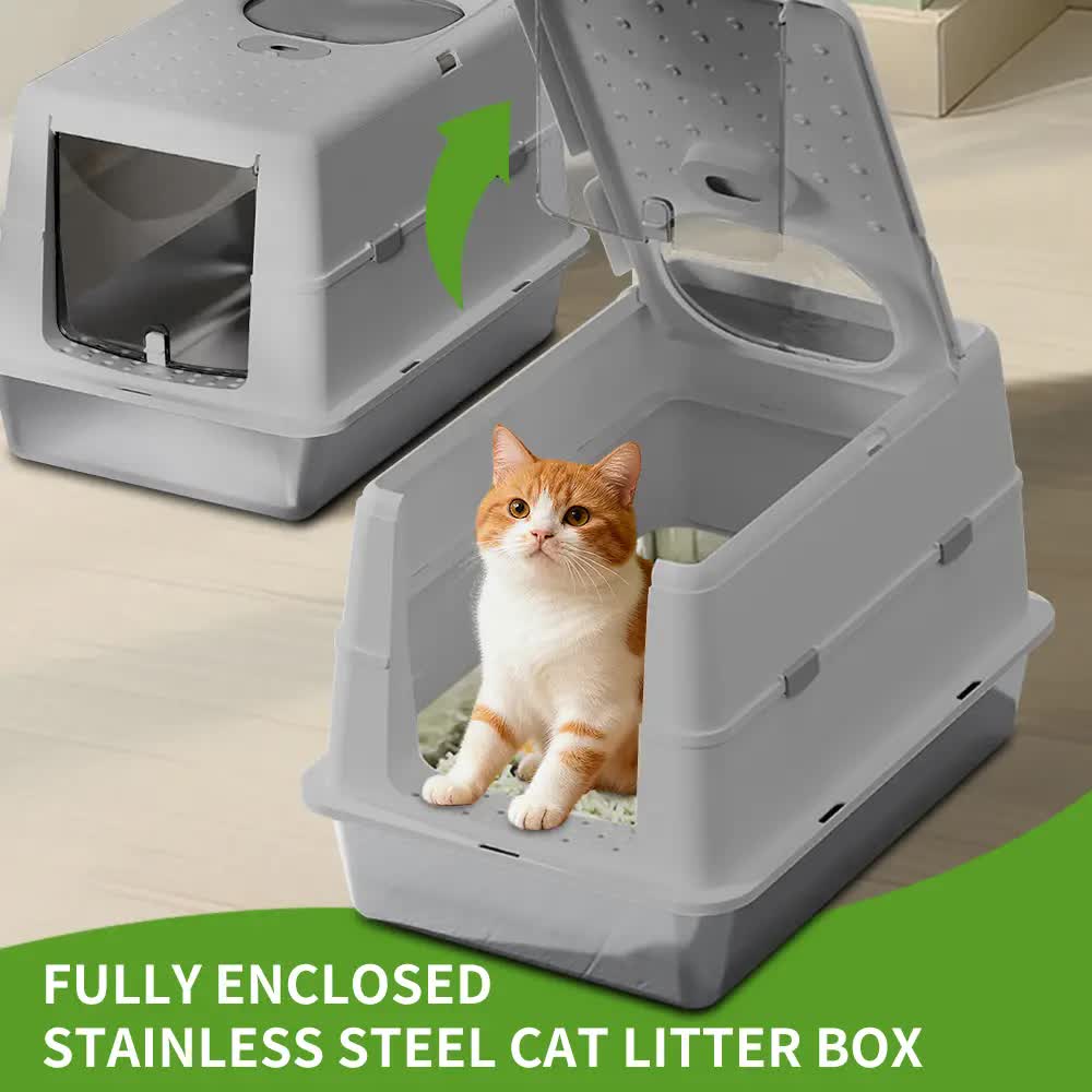 Extra Large Hooded Cat Litter Box, Top Entry Enclosed Potty with Deep Drawer, Anti-Splashing Cat Toilet Loo V1214-JUJIAN-GREY