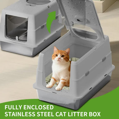Extra Large Hooded Cat Litter Box, Top Entry Enclosed Potty with Deep Drawer, Anti-Splashing Cat Toilet Loo V1214-JUJIAN-GREY