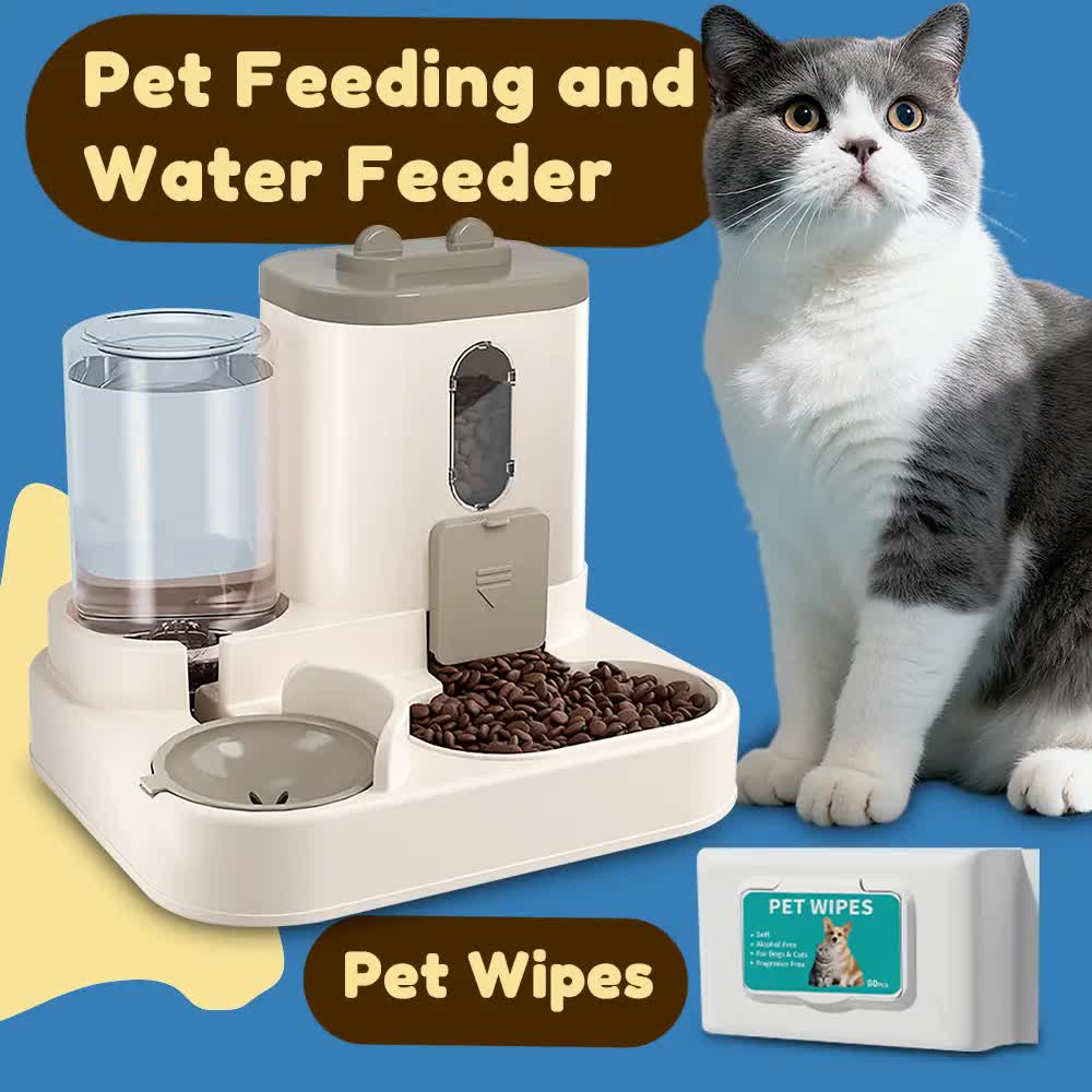 2-in-1 Automatic Pet Feeder Water Dispenser, Large Capacity Cat Dog Food Bowl with Auto Refill, Anti-clog Dry V1214-S-GREY-WET