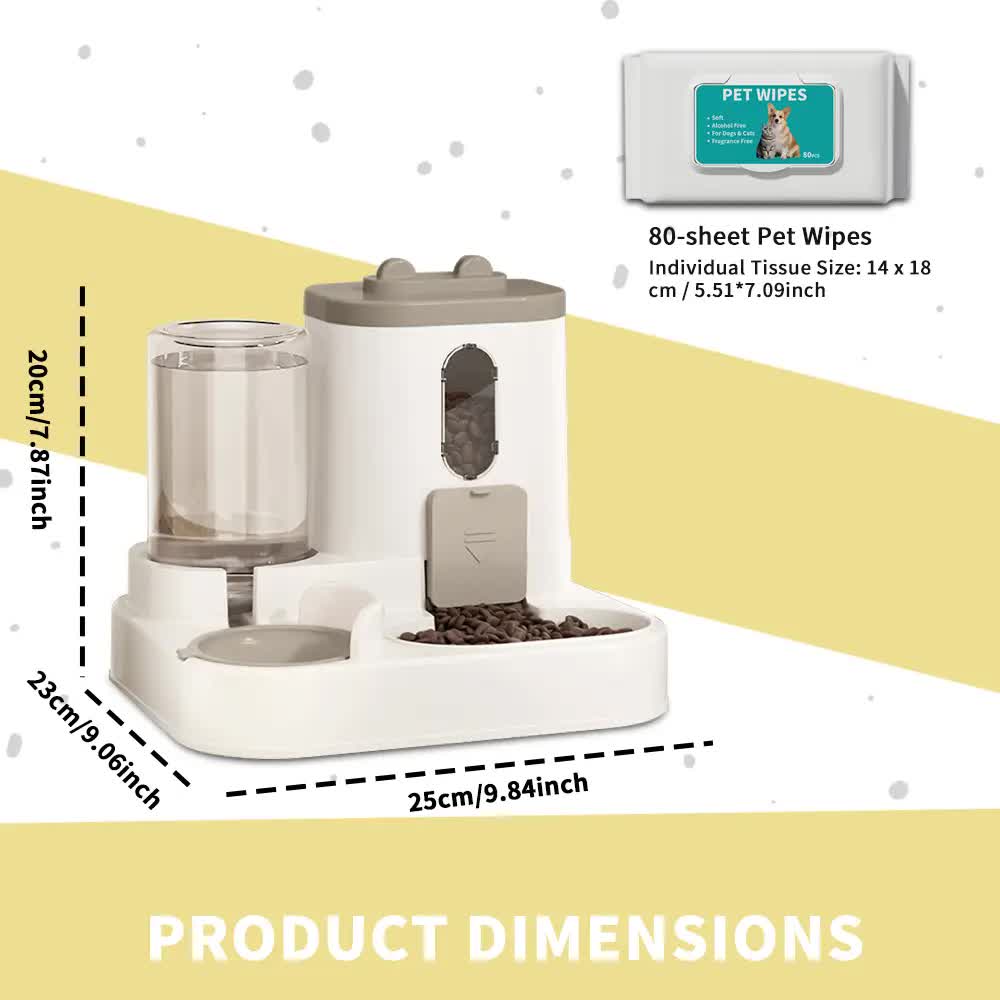2-in-1 Automatic Pet Feeder Water Dispenser, Large Capacity Cat Dog Food Bowl with Auto Refill, Anti-clog Dry V1214-S-GREY-WET