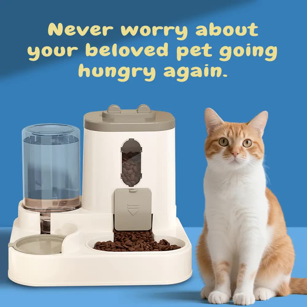 2-in-1 Automatic Pet Feeder Water Dispenser, Large Capacity Cat Dog Food Bowl with Auto Refill, Anti-clog Dry V1214-S-GREY-WET
