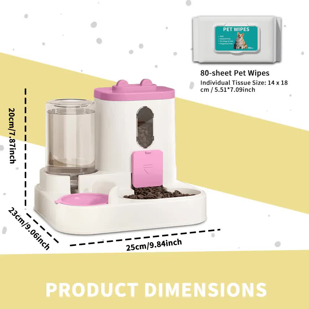 2-in-1 Automatic Pet Feeder Water Dispenser, Large Capacity Cat Dog Food Bowl with Auto Refill, Anti-clog Dry V1214-S-PINK-WET