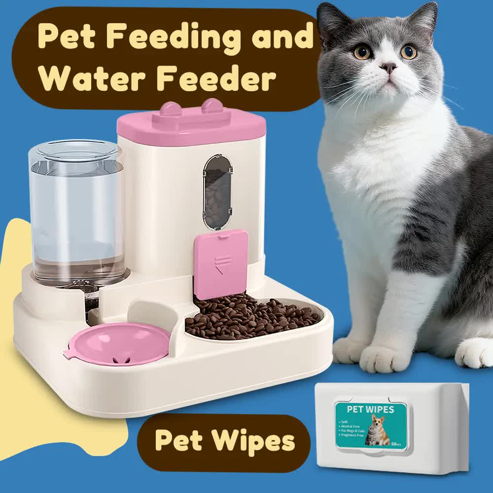 2-in-1 Automatic Pet Feeder Water Dispenser, Large Capacity Cat Dog Food Bowl with Auto Refill, Anti-clog Dry V1214-S-PINK-WET