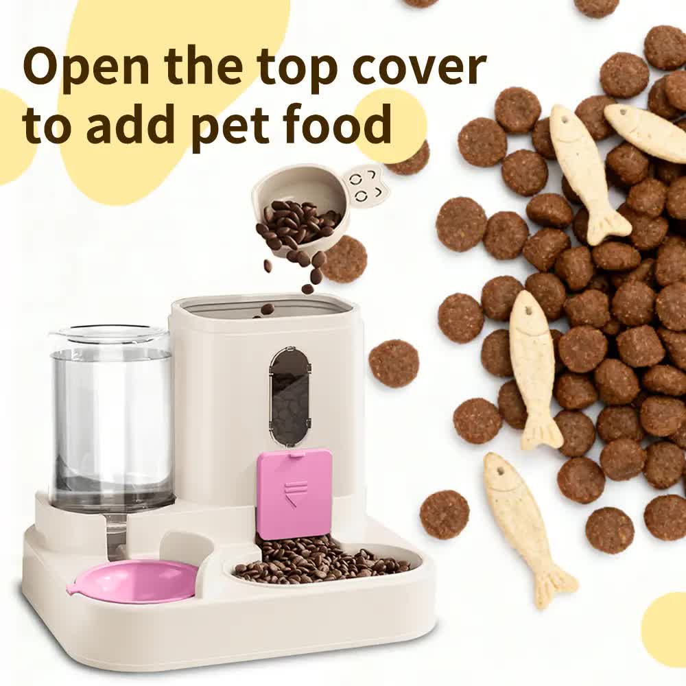 2-in-1 Automatic Pet Feeder Water Dispenser, Large Capacity Cat Dog Food Bowl with Auto Refill, Anti-clog Dry V1214-S-PINK-WET