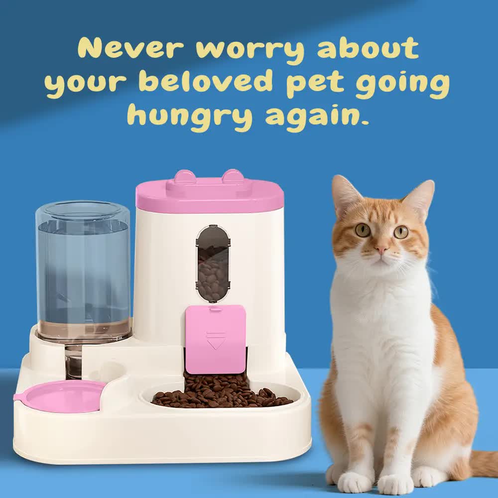 2-in-1 Automatic Pet Feeder Water Dispenser, Large Capacity Cat Dog Food Bowl with Auto Refill, Anti-clog Dry V1214-S-PINK-WET