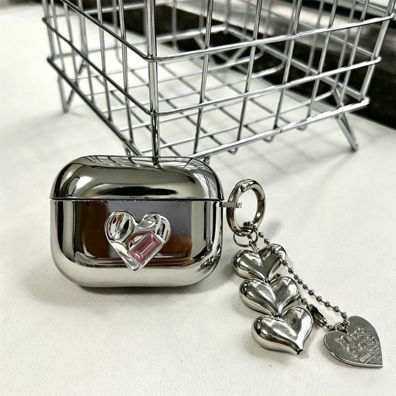 AirPods Pro 2 Textured Silver Heart Electroplated Case + 3 Heart Charms V1221-AIRPODS-PRO-2-TEXTURED-SILVER-HEART-ELECTROPLATED-CASE-3-HEART-C