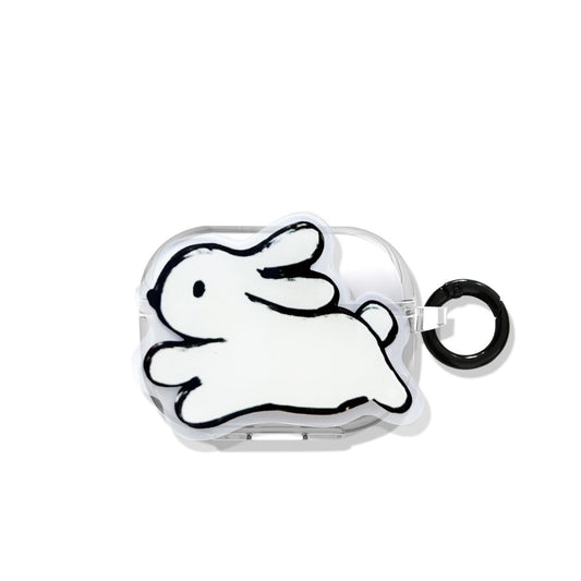 black and white rabbit + Round Ring Apple Airpods 3 V1221-BLACK-AND-WHITE-RABBIT-ROUND-RING-APPLE-AIRPODS-3
