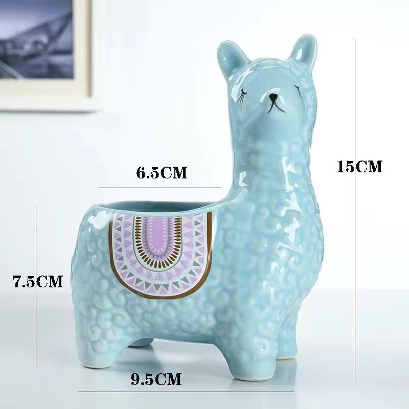 Blue Ceramic Planter with Head Tilted Alpaca V1221-BLUE-CERAMIC-PLANTER-WITH-HEAD-TILTED-ALPACA