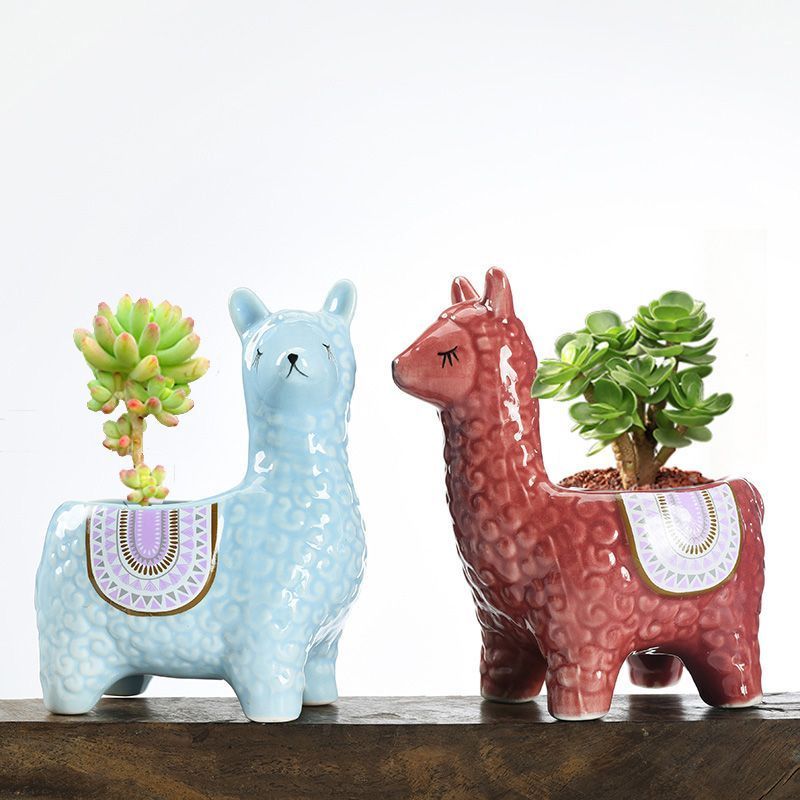 Blue Ceramic Planter with Head Tilted Alpaca V1221-BLUE-CERAMIC-PLANTER-WITH-HEAD-TILTED-ALPACA