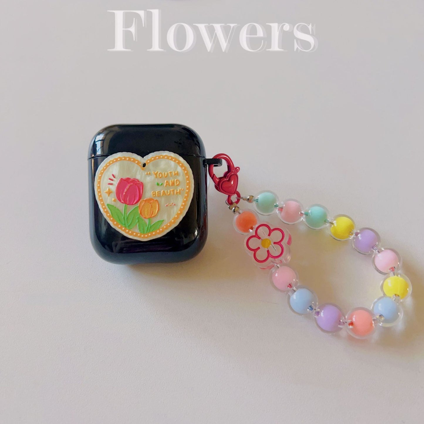 Floral patches + black base shell + colorful bracelet AirPods Pro V1221-FLORAL-PATCHES-BLACK-BASE-SHELL-COLORFUL-BRACELET-AIRPODS-PRO