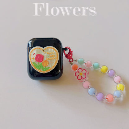 Floral patches + black base shell + colorful bracelet AirPods Pro 2 V1221-FLORAL-PATCHES-BLACK-BASE-SHELL-COLORFUL-BRACELET-AIRPODS-PRO-2