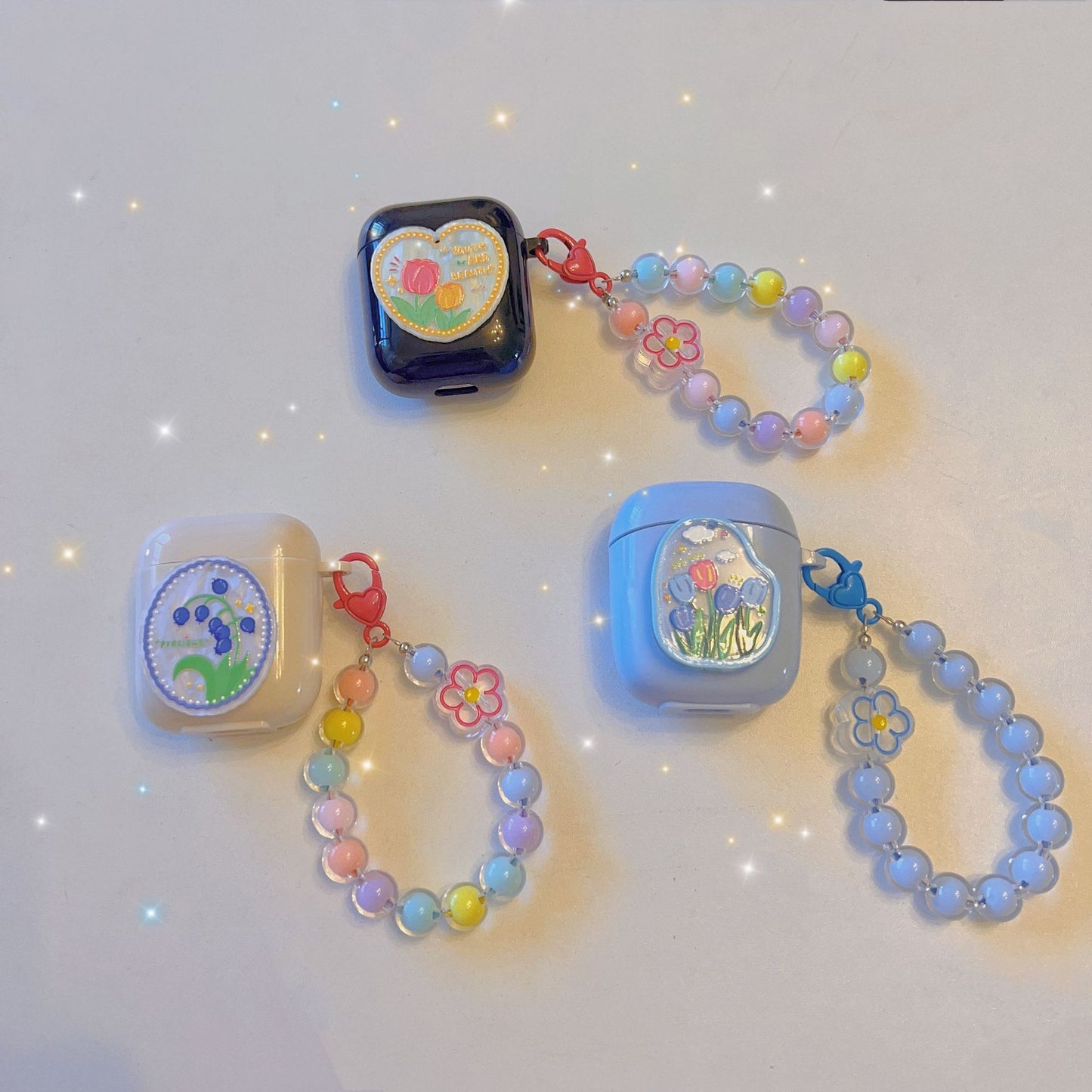 Floral patches + black base shell + colorful bracelet AirPods Pro 2 V1221-FLORAL-PATCHES-BLACK-BASE-SHELL-COLORFUL-BRACELET-AIRPODS-PRO-2