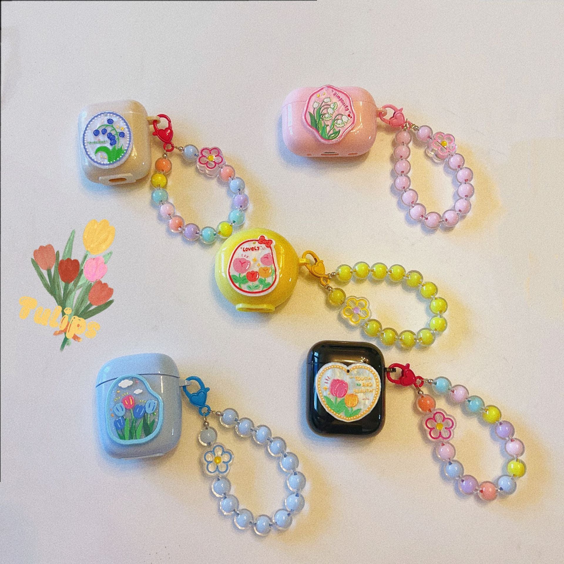 Floral patches + black base shell + colorful bracelet AirPods Pro 2 V1221-FLORAL-PATCHES-BLACK-BASE-SHELL-COLORFUL-BRACELET-AIRPODS-PRO-2