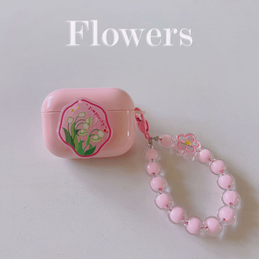 Floral patches + pink base shell + pink bracelet Apple AirPods 3 V1221-FLORAL-PATCHES-PINK-BASE-SHELL-PINK-BRACELET-APPLE-AIRPODS-3