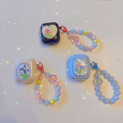 Floral patches + pink base shell + pink bracelet Apple AirPods 3 V1221-FLORAL-PATCHES-PINK-BASE-SHELL-PINK-BRACELET-APPLE-AIRPODS-3