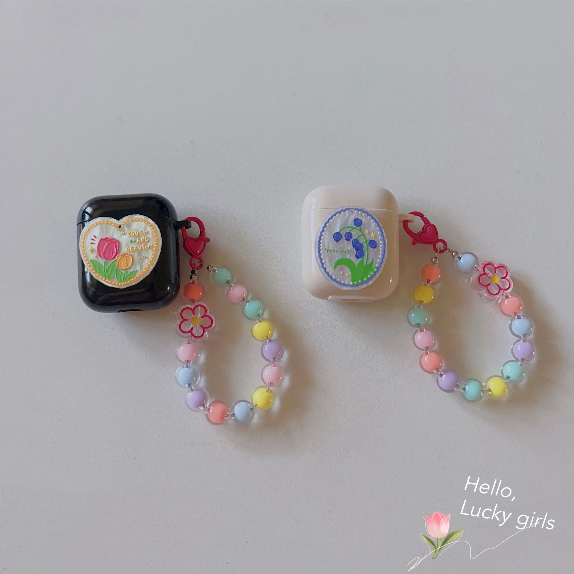 Floral patches + pink base shell + pink bracelet Apple AirPods Pro V1221-FLORAL-PATCHES-PINK-BASE-SHELL-PINK-BRACELET-APPLE-AIRPODS-PRO