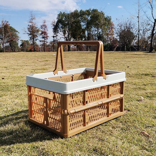 Folding picnic basket-Brown with Beige V1221-FOLDING-PICNIC-BASKET-BROWN-WITH-BEIGE