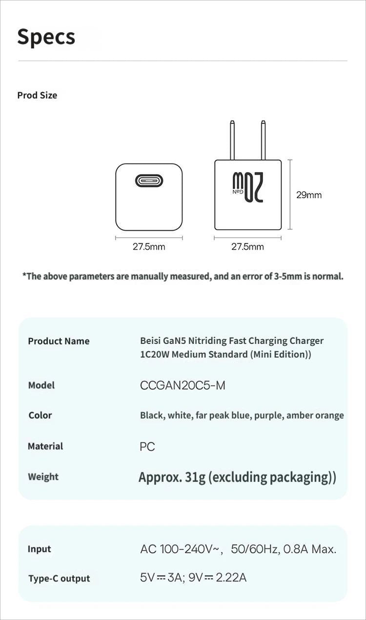 GaN5 Fast charging charger mini 1C 20W-Blue V1221-GAN5-CHARGER-MINI-1C-20W-BLUE