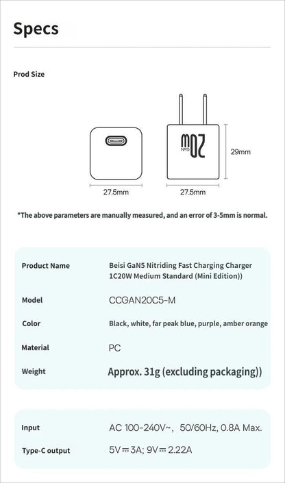GaN5 Fast charging charger mini 1C 20W-Blue V1221-GAN5-CHARGER-MINI-1C-20W-BLUE