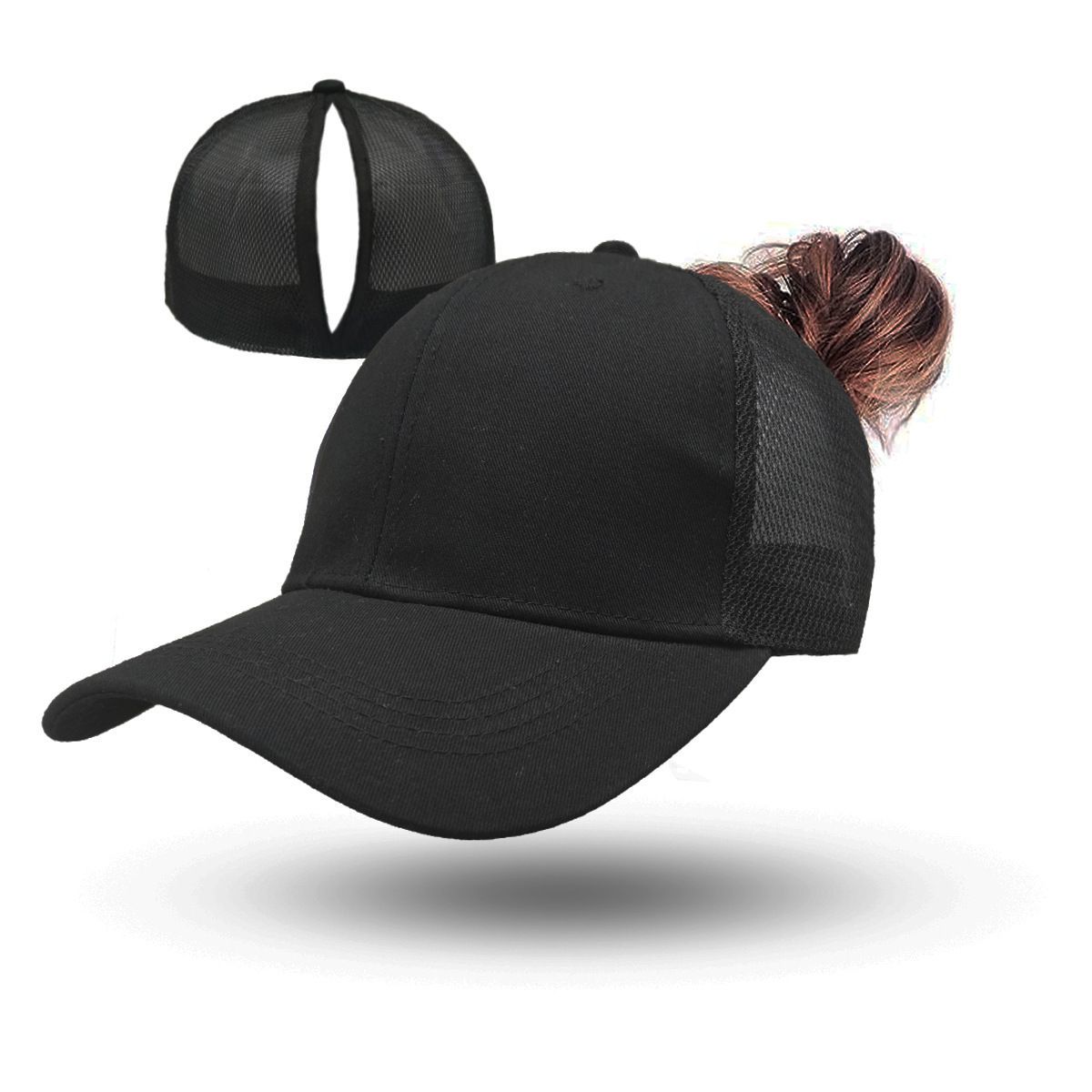 Magnetic Ponytail Cap Cotton Mesh Black V1221-MAGNETIC-PONYTAIL-CAP-COTTON-MESH-BLACK