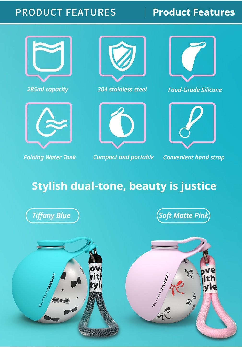 Pink Floral Print Xiaoman Portable Pet Water Bottle V1221-PINK-FLORAL-PRINT-XIAOMAN-PORTABLE-PET-WATER-BOTTLE