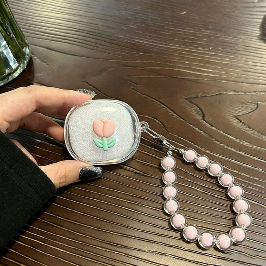 Pink Flower Clear Case + Pink Bracelet V1221-PINK-FLOWER-CLEAR-CASE-PINK-BRACELET