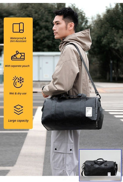 PULeatherTravelGymBagSmall-Black V1221-PULEATHERTRAVELGYMBAGSMALL-BLACK