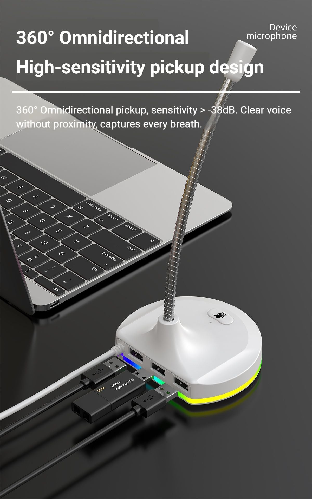 RGB Desktop Microphone 3 USB HUB Model White V1221-RGB-DESKTOP-MICROPHONE-3-USB-HUB-MODEL-WHITE