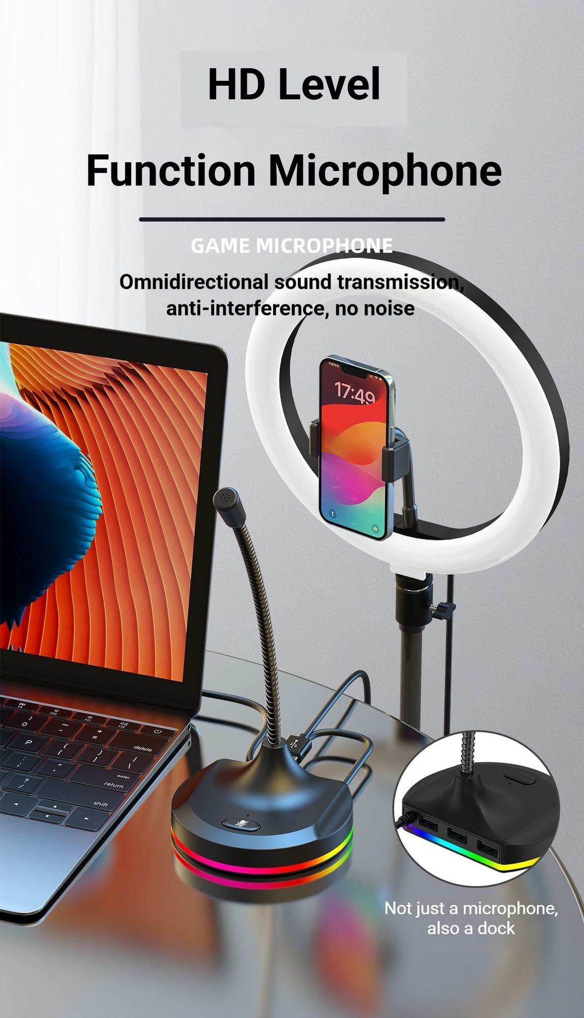 RGB Desktop Microphone 3 USB HUB Model White V1221-RGB-DESKTOP-MICROPHONE-3-USB-HUB-MODEL-WHITE