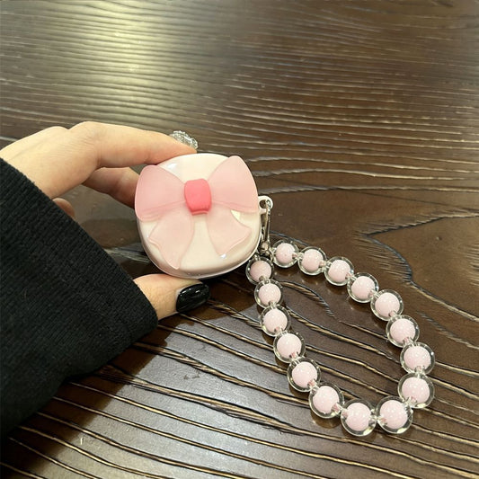 Semi-transparent bow [pink shell] + pink bead bracelet AirPods Pro V1221-SEMI-TRANSPARENT-BOW-PINK-SHELL-PINK-BEAD-BRACELET-AIRPODS-PRO