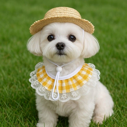 Straw Hat And Yellow Lace Bib V1221-STRAW-HAT-AND-YELLOW-LACE-BIB