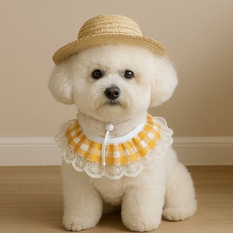 Straw Hat And Yellow Lace Bib V1221-STRAW-HAT-AND-YELLOW-LACE-BIB