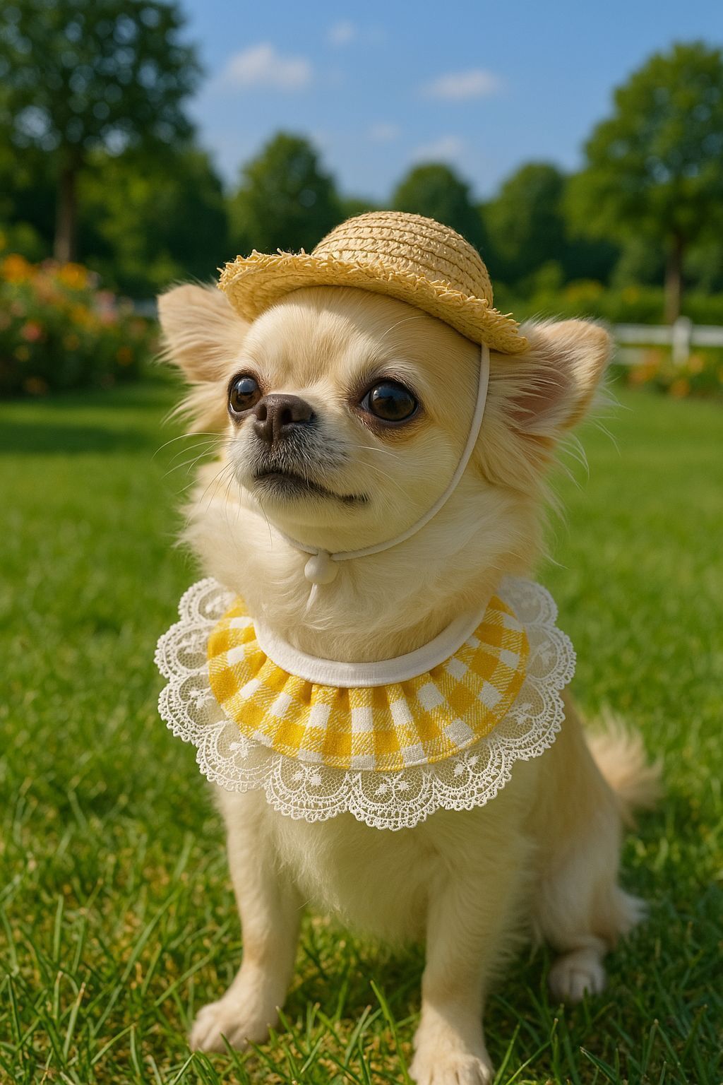 Straw Hat And Yellow Lace Bib V1221-STRAW-HAT-AND-YELLOW-LACE-BIB