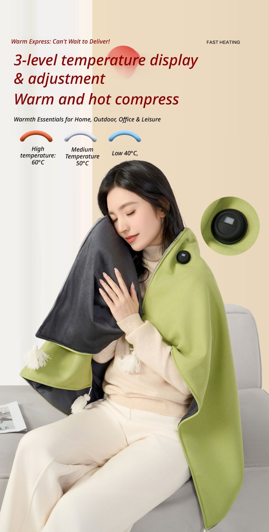 USB Washable Heated Shawl-No Power Bank Included-Apricot V1221-USB-WASHABLE-HEATED-SHAWL-NO-POWER-BANK-INCLUDED-APRICOT
