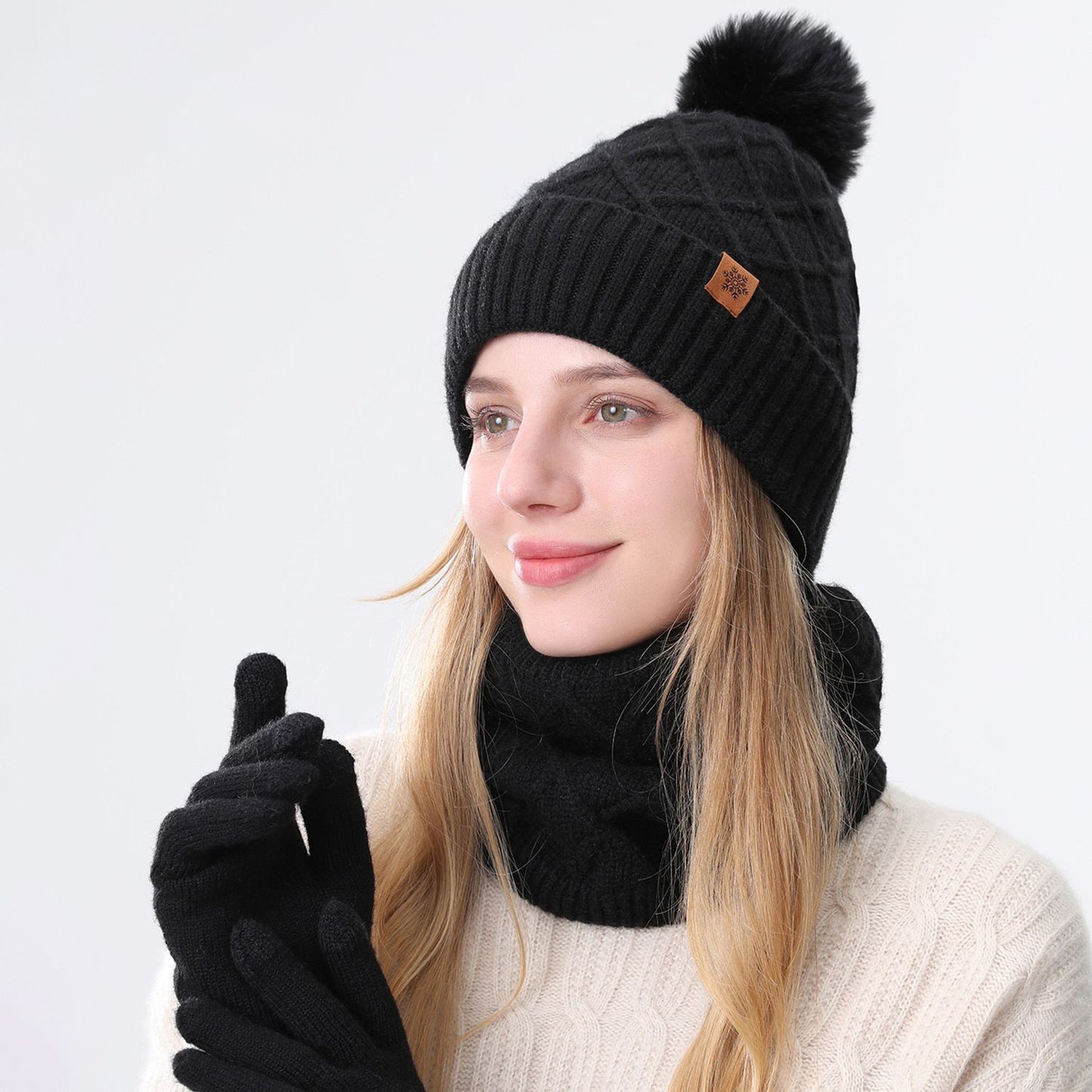 Women Black Argyle 3-Piece Set-Hat Scarf and Gloves V1221-WOMEN-BLACK-ARGYLE-3-PIECE-SET-HAT-SCARF-AND-GLOVES