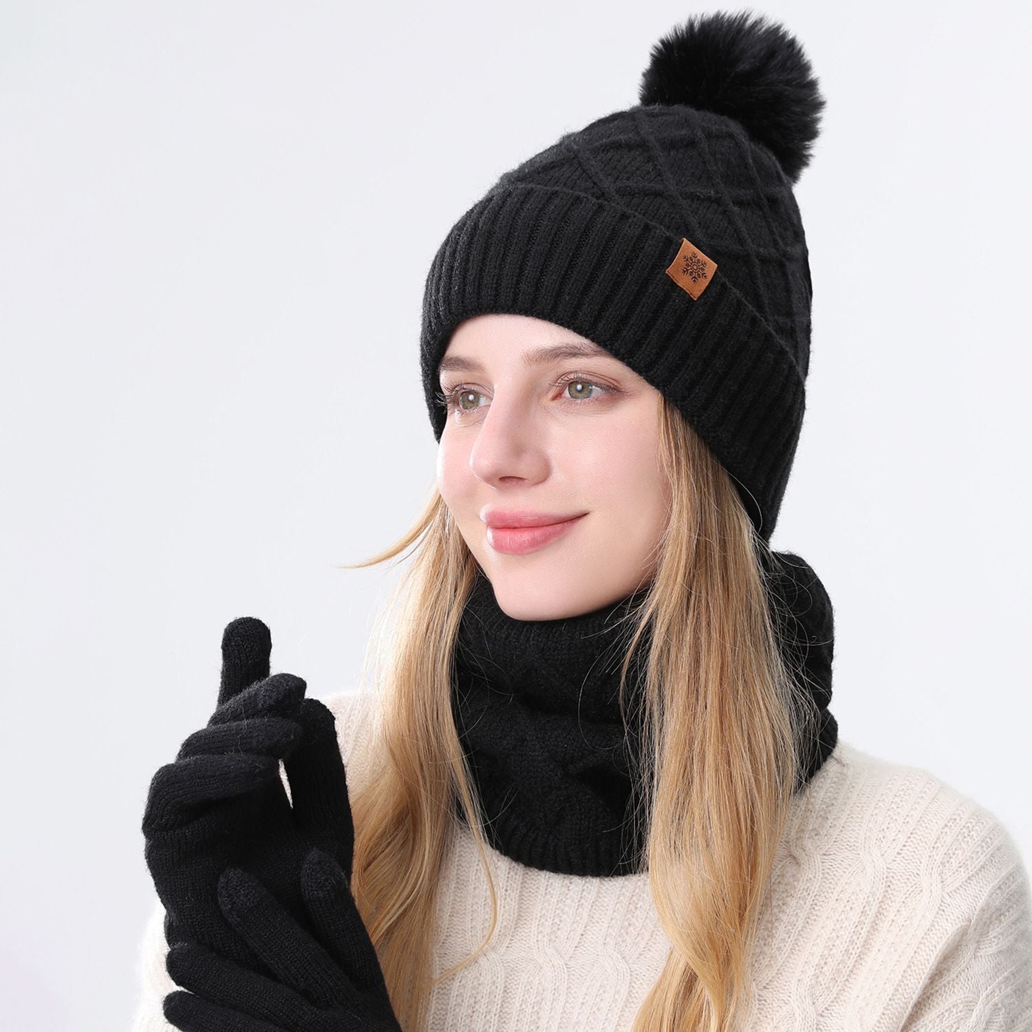 Women Black Argyle 3-Piece Set-Hat Scarf and Gloves V1221-WOMEN-BLACK-ARGYLE-3-PIECE-SET-HAT-SCARF-AND-GLOVES