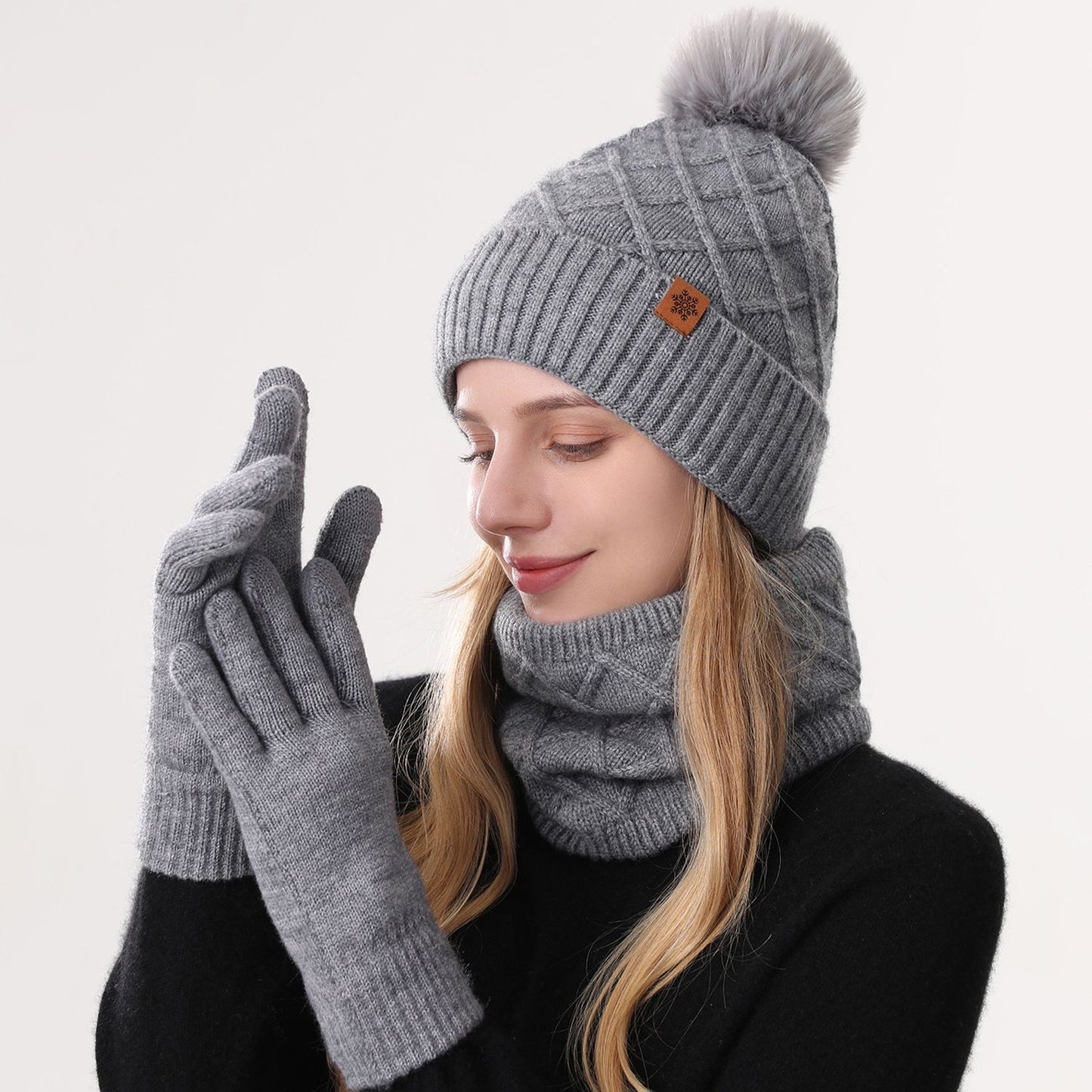 Women Gray Argyle 3-Piece Set-Hat Scarf and Gloves V1221-WOMEN-GRAY-ARGYLE-3-PIECE-SET-HAT-SCARF-AND-GLOVES