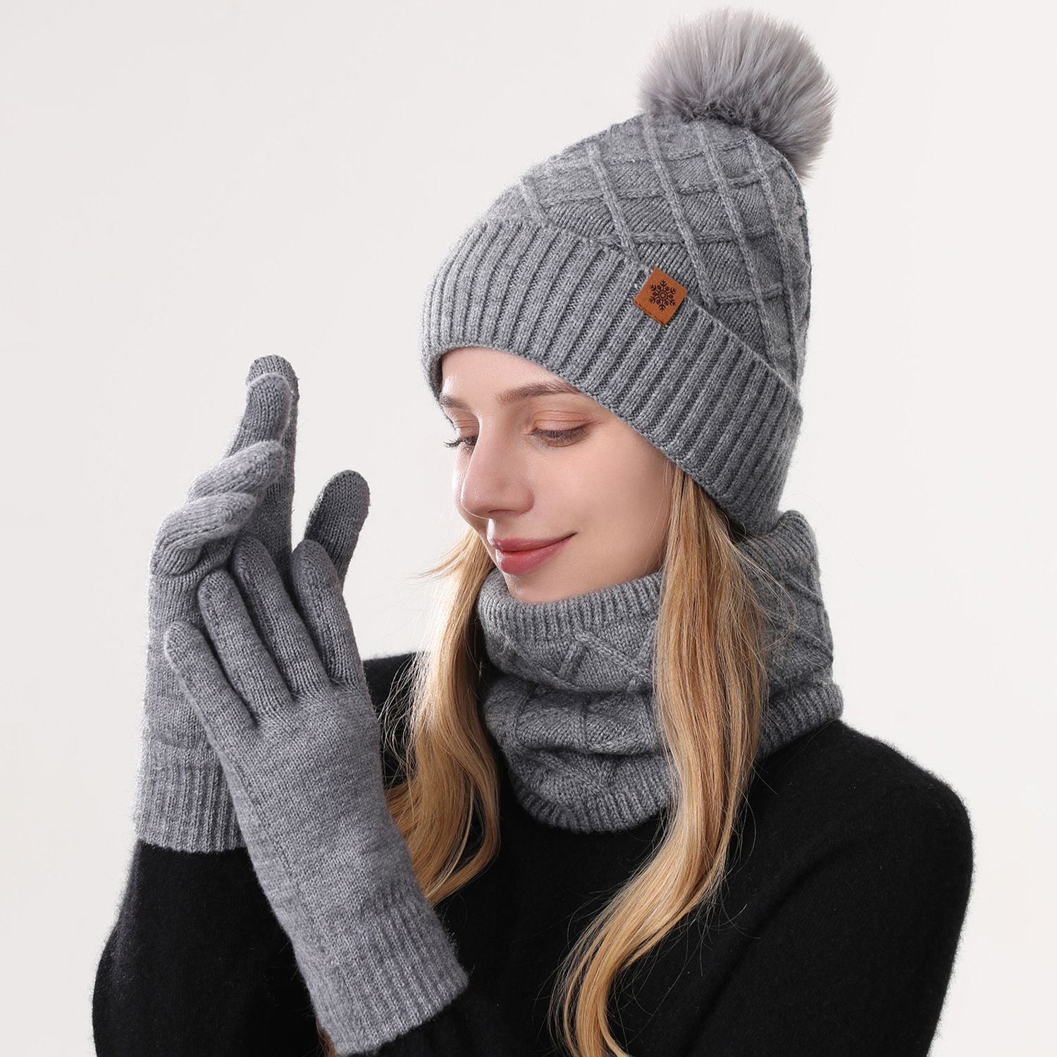 Women Gray Argyle 3-Piece Set-Hat Scarf and Gloves V1221-WOMEN-GRAY-ARGYLE-3-PIECE-SET-HAT-SCARF-AND-GLOVES