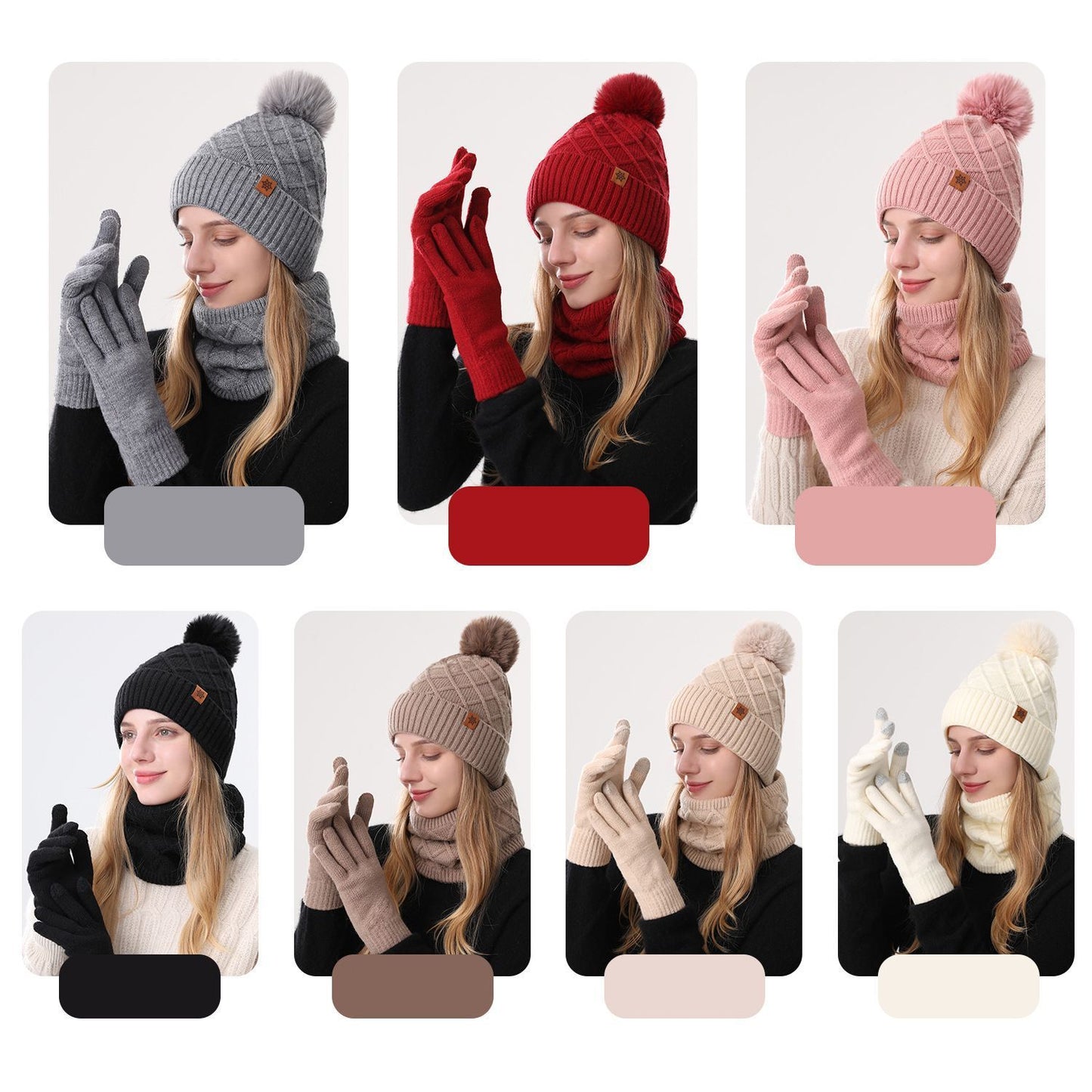 Women Gray Argyle 3-Piece Set-Hat Scarf and Gloves V1221-WOMEN-GRAY-ARGYLE-3-PIECE-SET-HAT-SCARF-AND-GLOVES