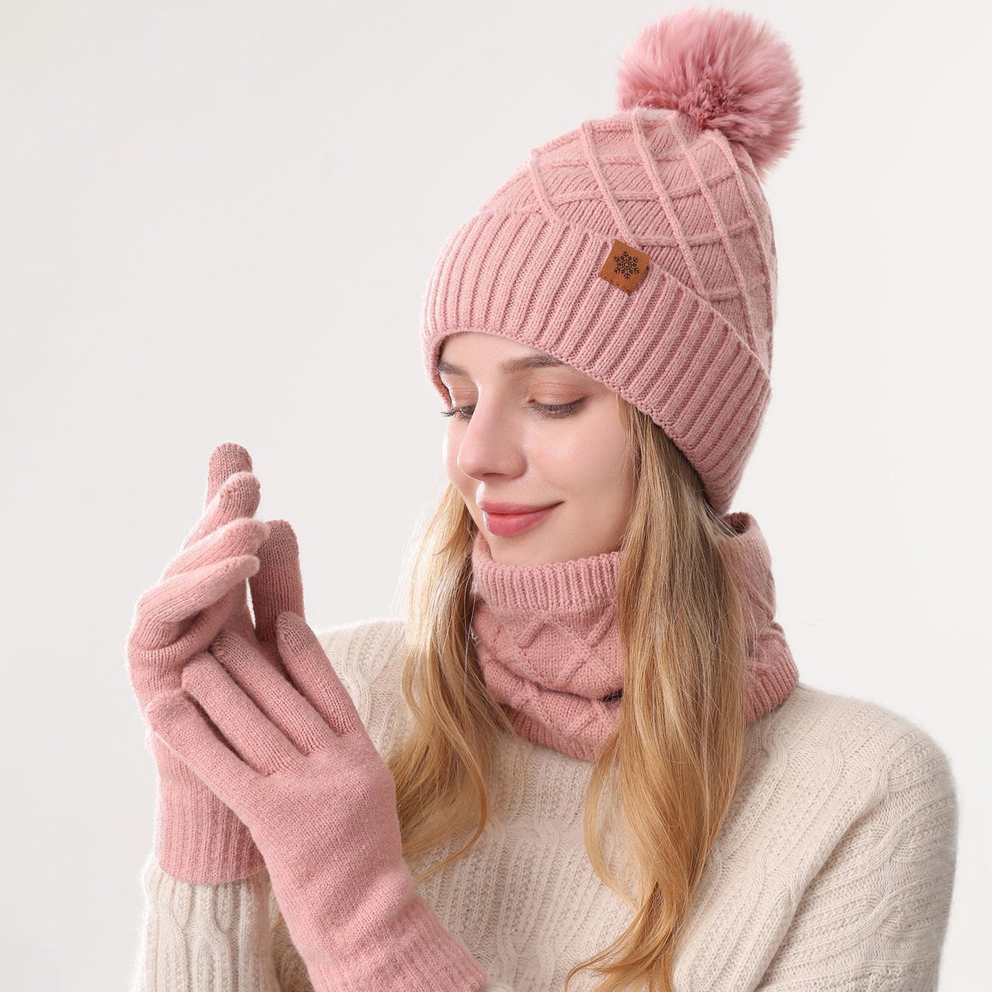 Women Pink Argyle 3-Piece Set-Hat Scarf and Gloves V1221-WOMEN-PINK-ARGYLE-3-PIECE-SET-HAT-SCARF-AND-GLOVES